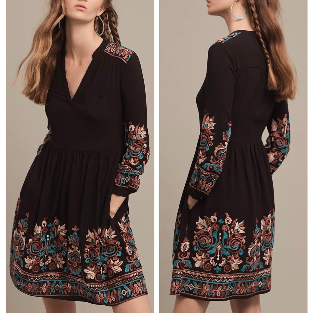 Floreat Embroidered Avery Boho Floral Tribal Black Pink Long Sleeve Dress size S
